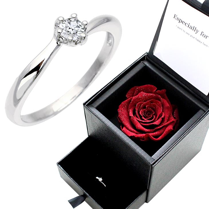 6本爪リング CZ プロポーズ 婚約指輪 プリザーブドフラワー 薔薇 ダイヤモンドローズ ボックス ギフトセット g-56-1218-31