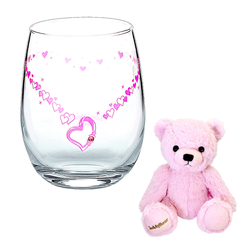 ガーネットカラー スワロフスキー・クリスタル付 色が変わるグラスとピンク テディベアー