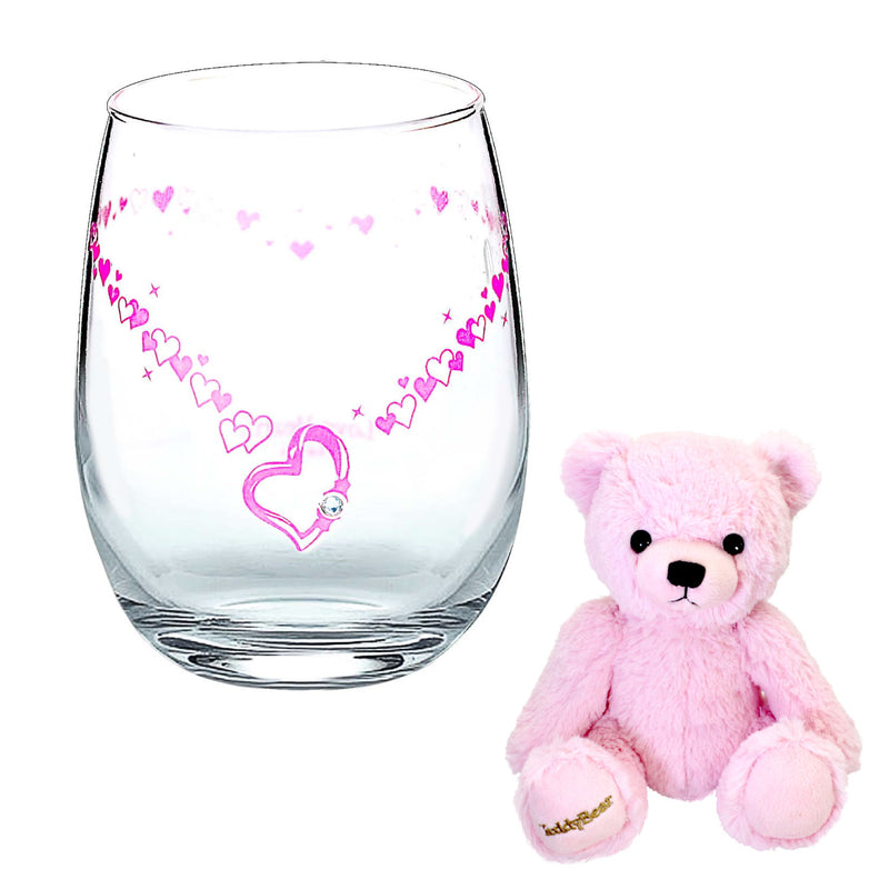 ムーンストーンカラー スワロフスキー・クリスタル付 色が変わるグラスとピンク テディベアー