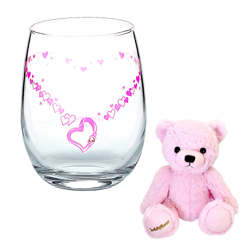 ピンクトルマリンカラー スワロフスキー・クリスタル付 色が変わるグラスとピンク テディベアー